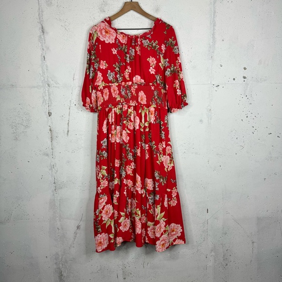 Wayward Fancies Eshakti Flora Print Ruched Half Sleeve Ruffle Trim Scoop Dress - Picture 9 of 11